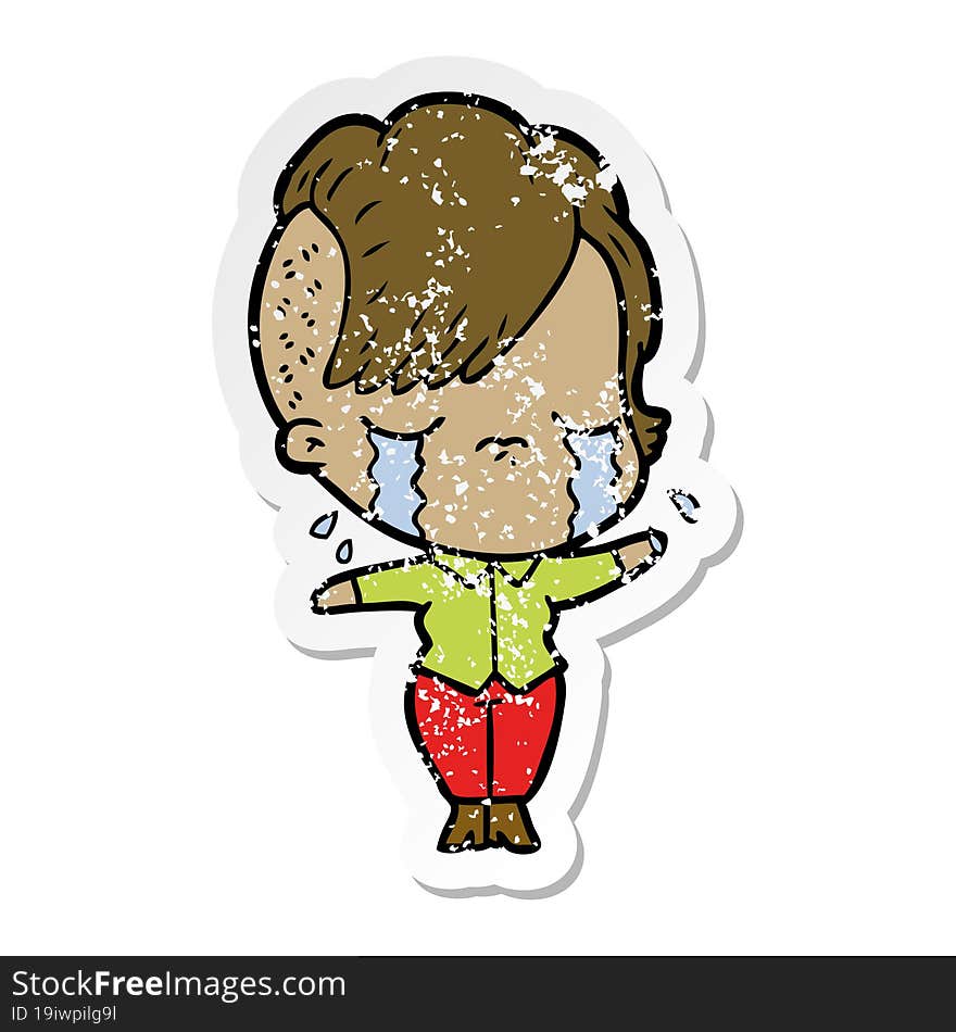 distressed sticker of a cartoon crying girl