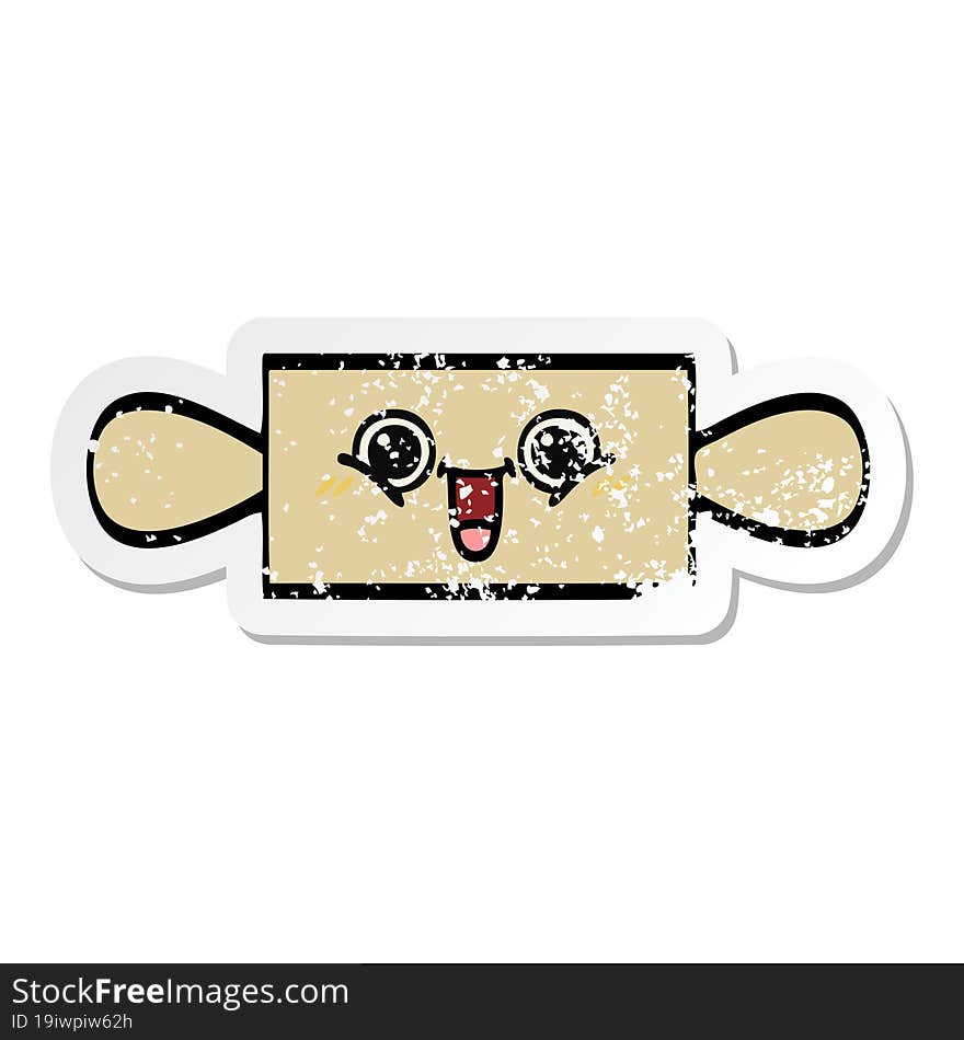 distressed sticker of a cute cartoon rolling pin