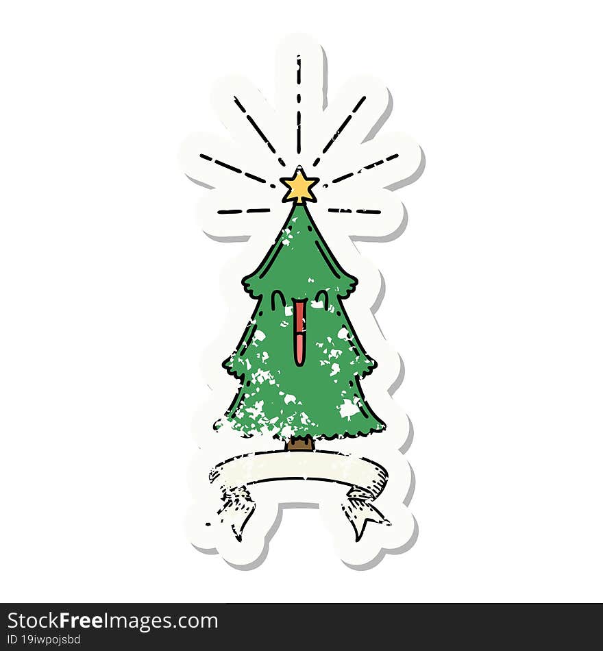 grunge sticker of tattoo style christmas tree with star