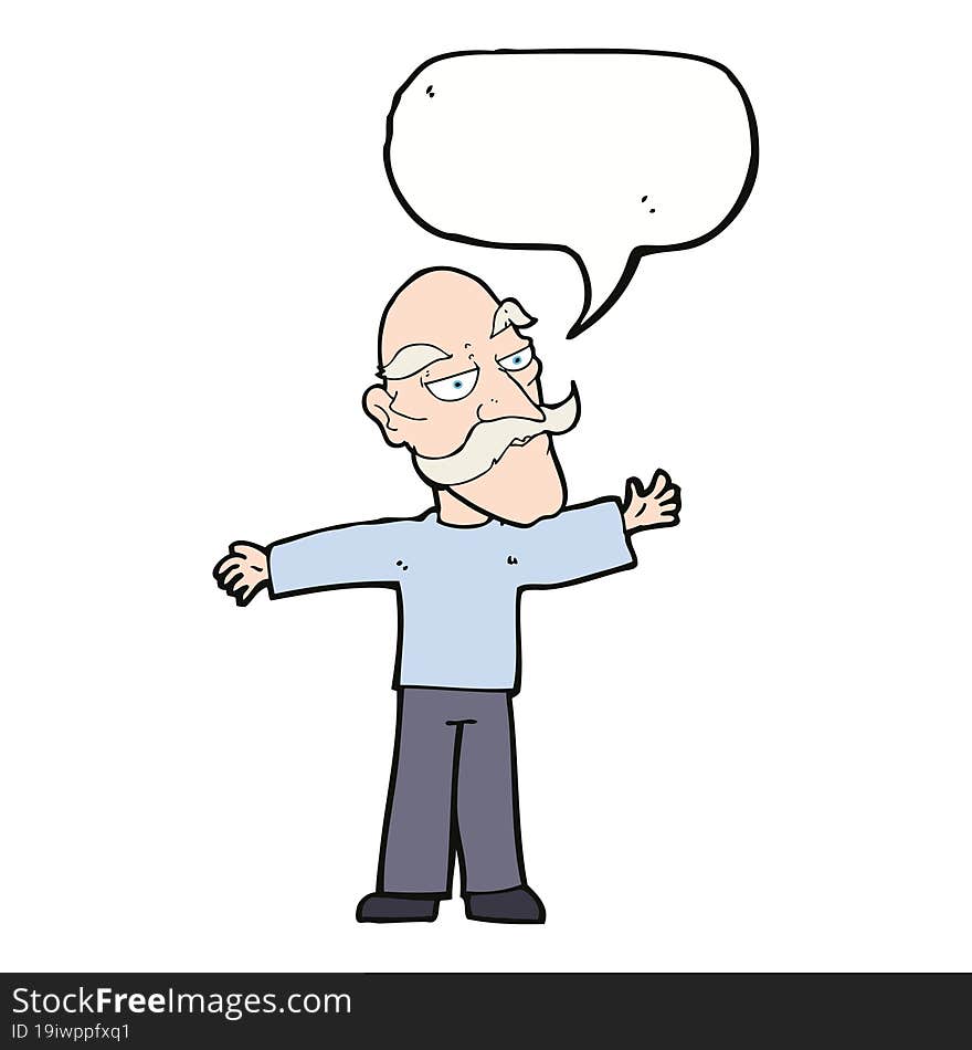 Cartoon Old Man Spreading Arms Wide With Speech Bubble