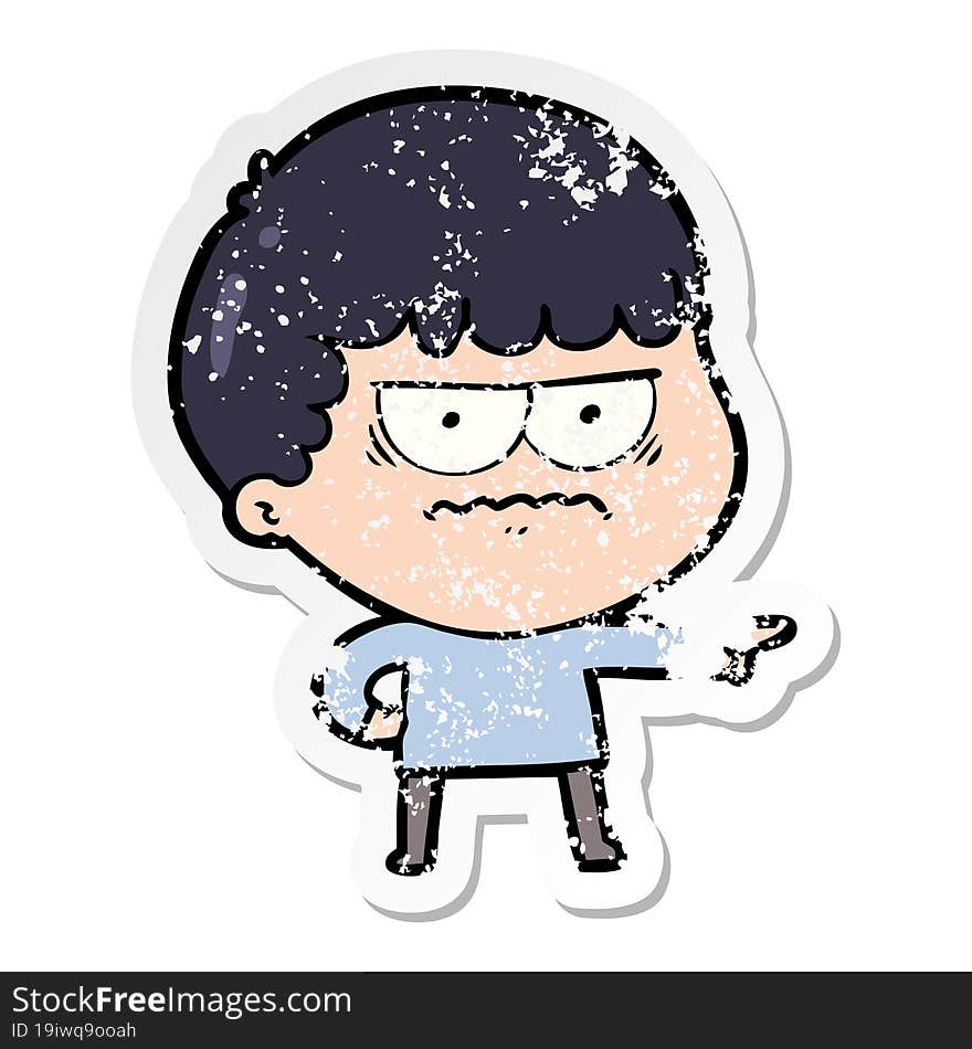 distressed sticker of a cartoon annoyed man