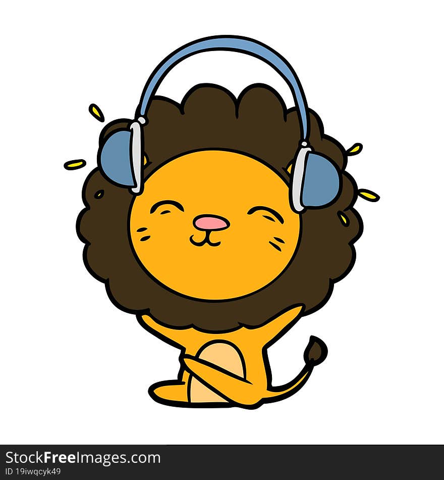 cartoon lion listening to music. cartoon lion listening to music