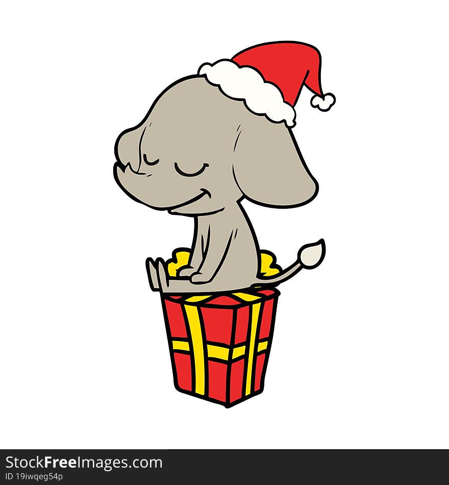 Line Drawing Of A Smiling Elephant Wearing Santa Hat