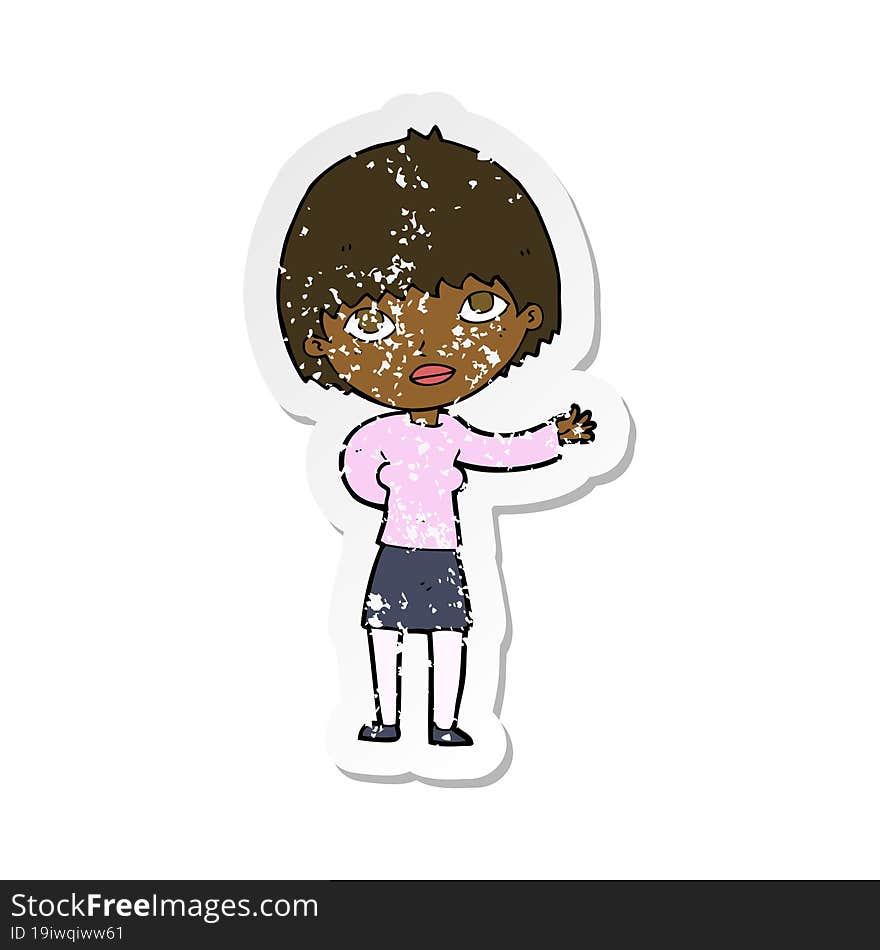 retro distressed sticker of a cartoon woman explaining