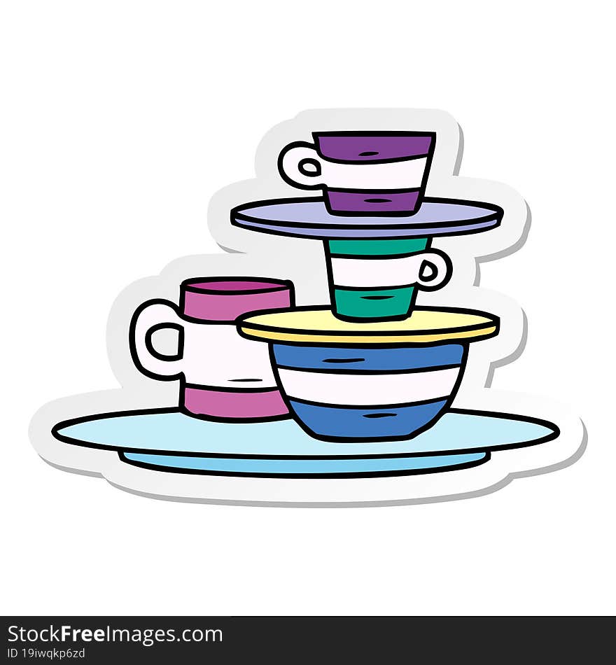 hand drawn sticker cartoon doodle of colourful bowls and plates