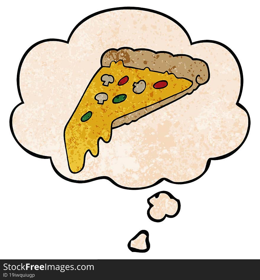 Cartoon Pizza Slice And Thought Bubble In Grunge Texture Pattern Style