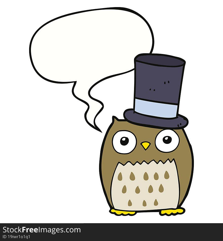 cartoon owl wearing top hat and speech bubble