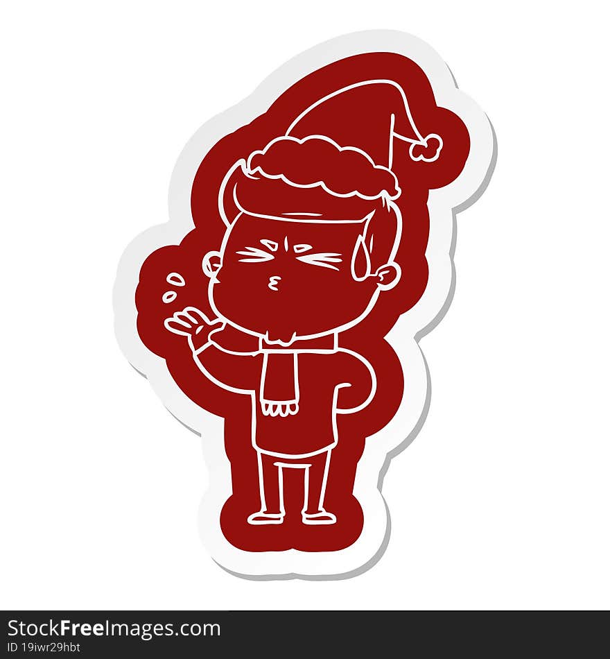 quirky cartoon  sticker of a man sweating wearing santa hat