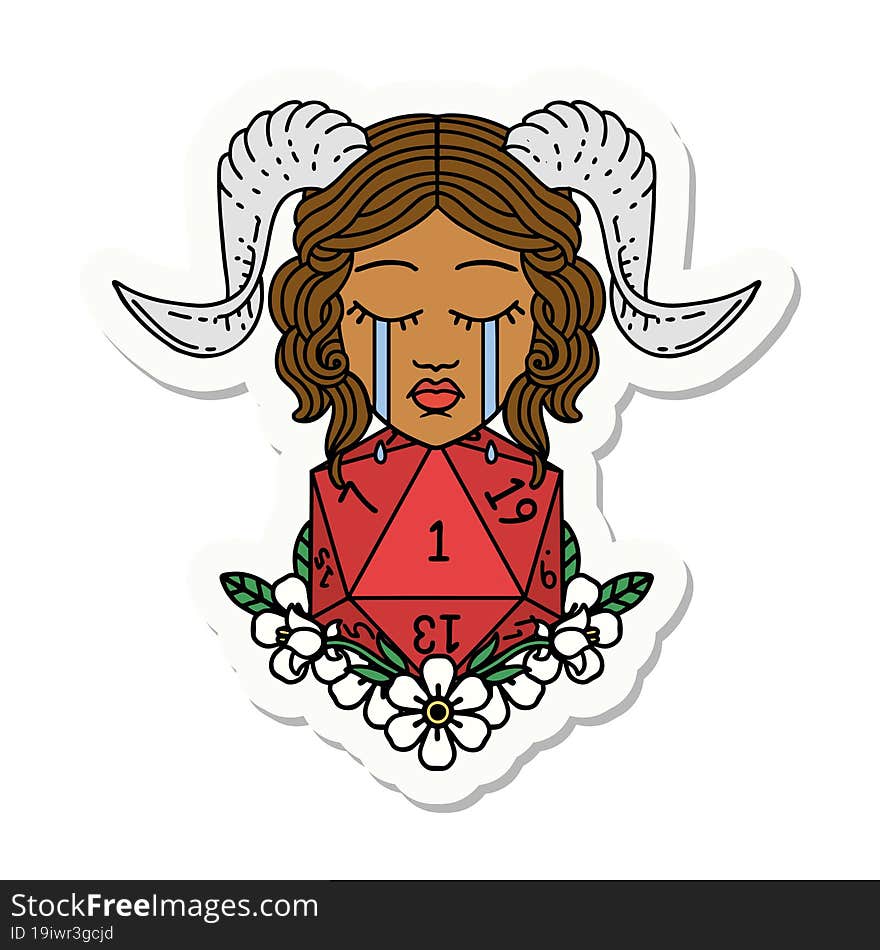 sticker of a crying tiefling with natural one D20 dice roll. sticker of a crying tiefling with natural one D20 dice roll