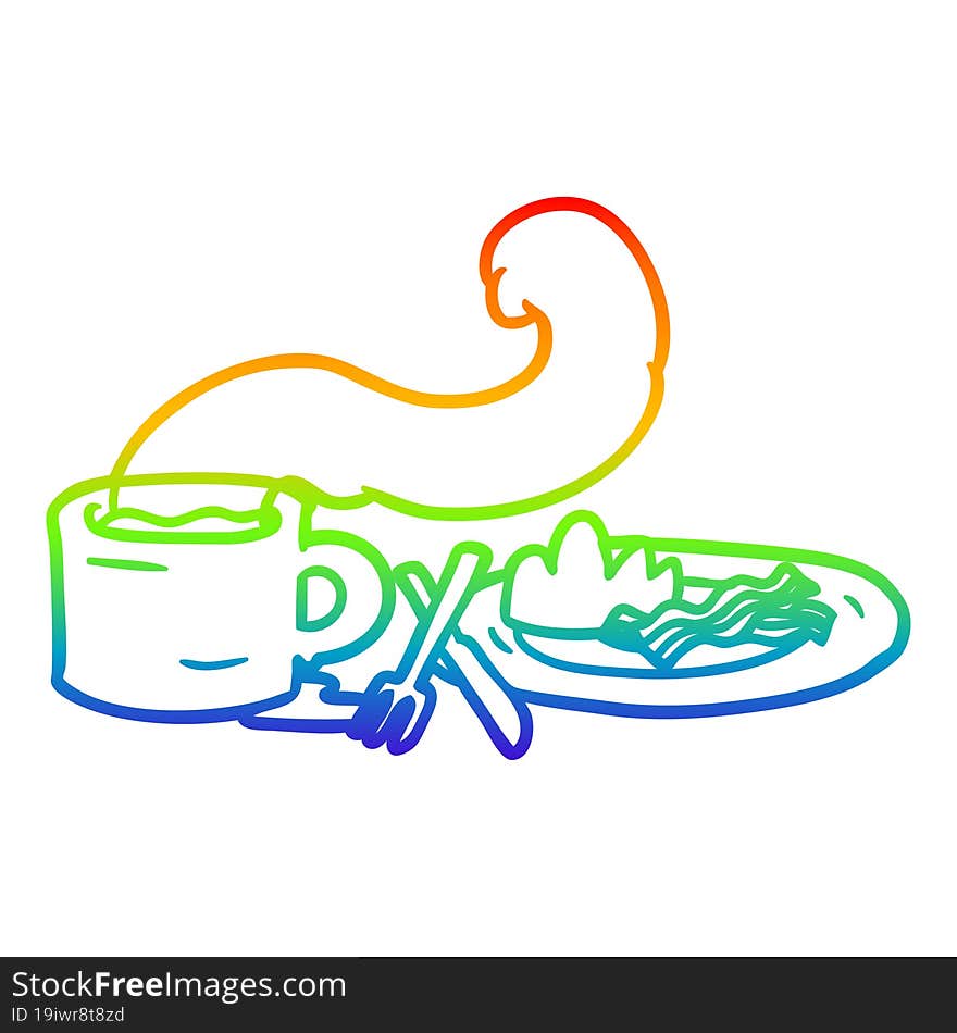 rainbow gradient line drawing of a breakfast of coffee and bacon