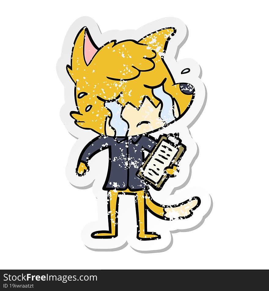 Distressed Sticker Of A Crying Business Fox Cartoon