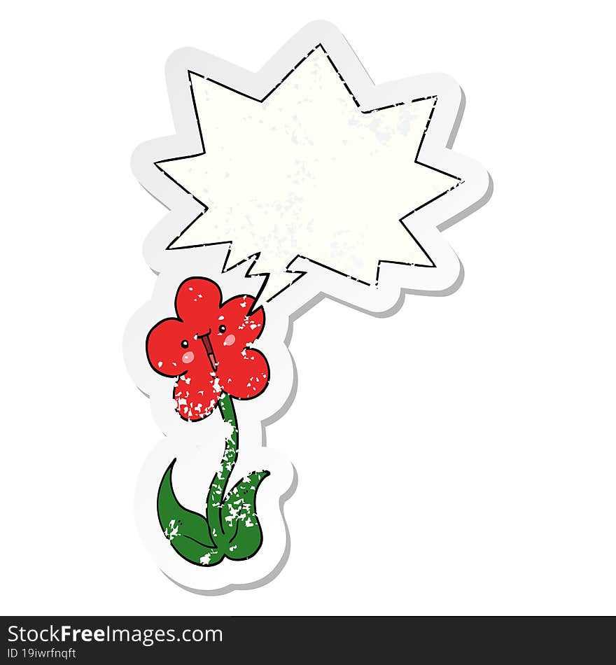 cartoon flower with speech bubble distressed distressed old sticker. cartoon flower with speech bubble distressed distressed old sticker