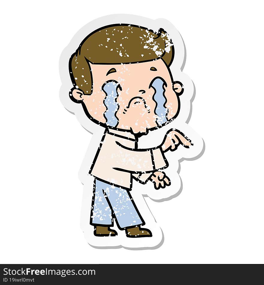 distressed sticker of a cartoon man crying