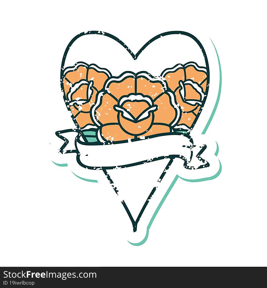 Distressed Sticker Tattoo Style Icon Of A Heart And Banner With Flowers