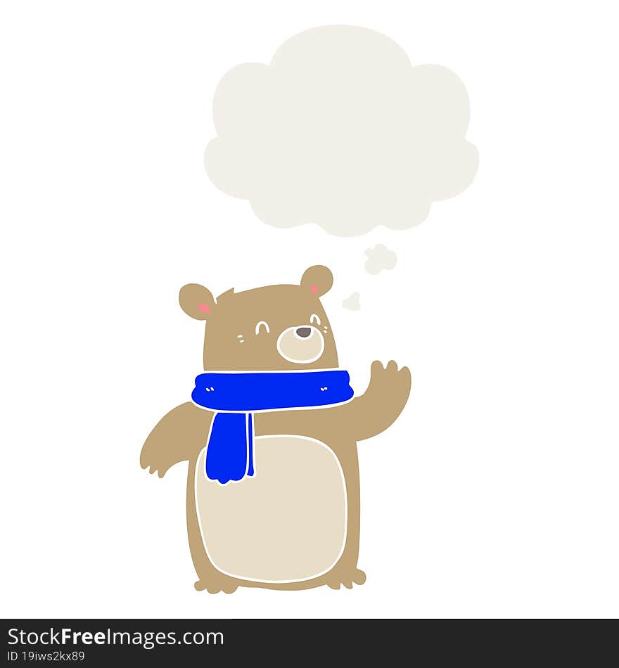 cartoon bear wearing scarf and thought bubble in retro style