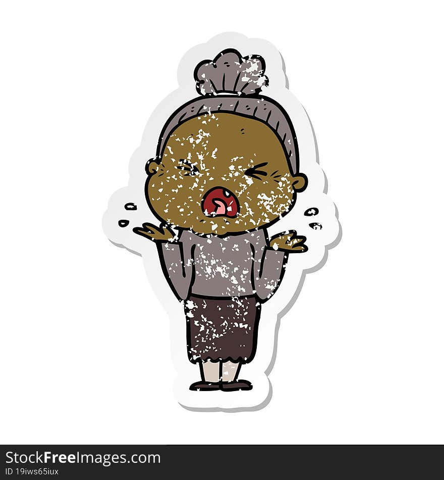 Distressed Sticker Of A Cartoon Angry Old Woman