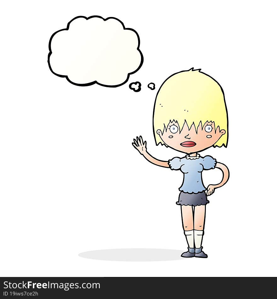 cartoon waving woman with thought bubble