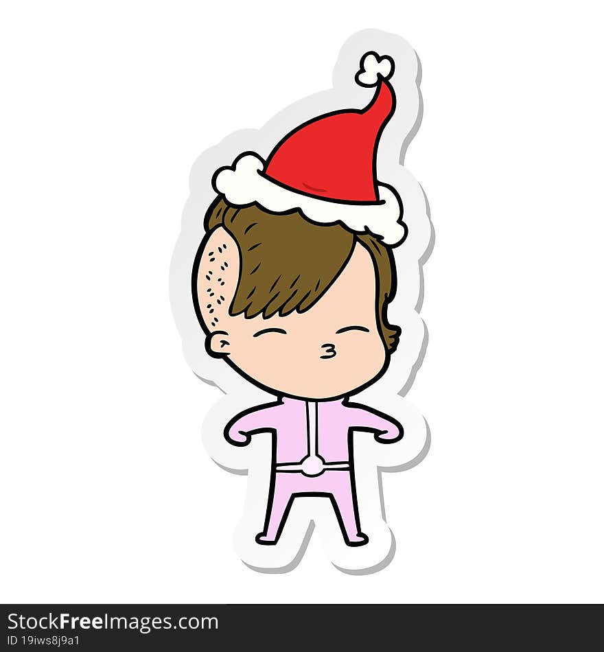 Sticker Cartoon Of A Girl Wearing Futuristic Clothes Wearing Santa Hat