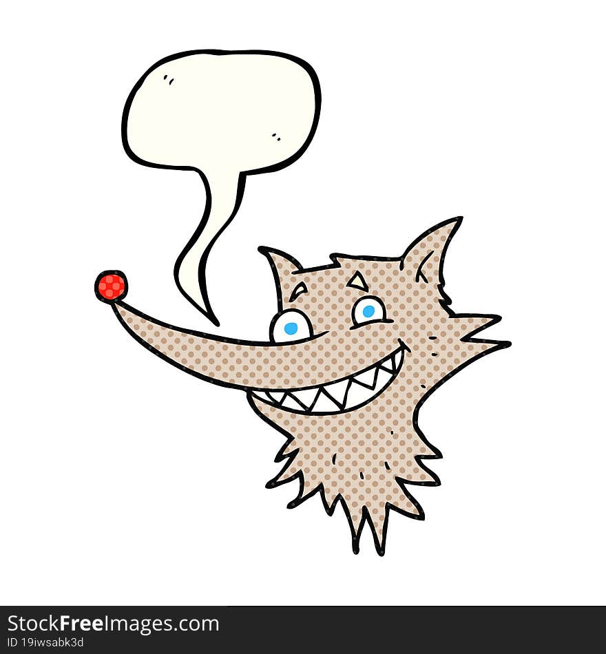 freehand drawn comic book speech bubble cartoon grinning wolf face