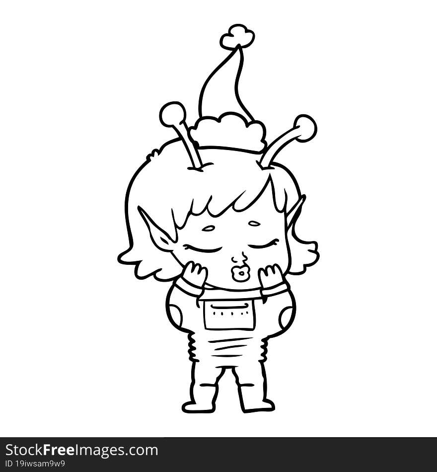 Line Drawing Of A Alien Girl Wearing Santa Hat