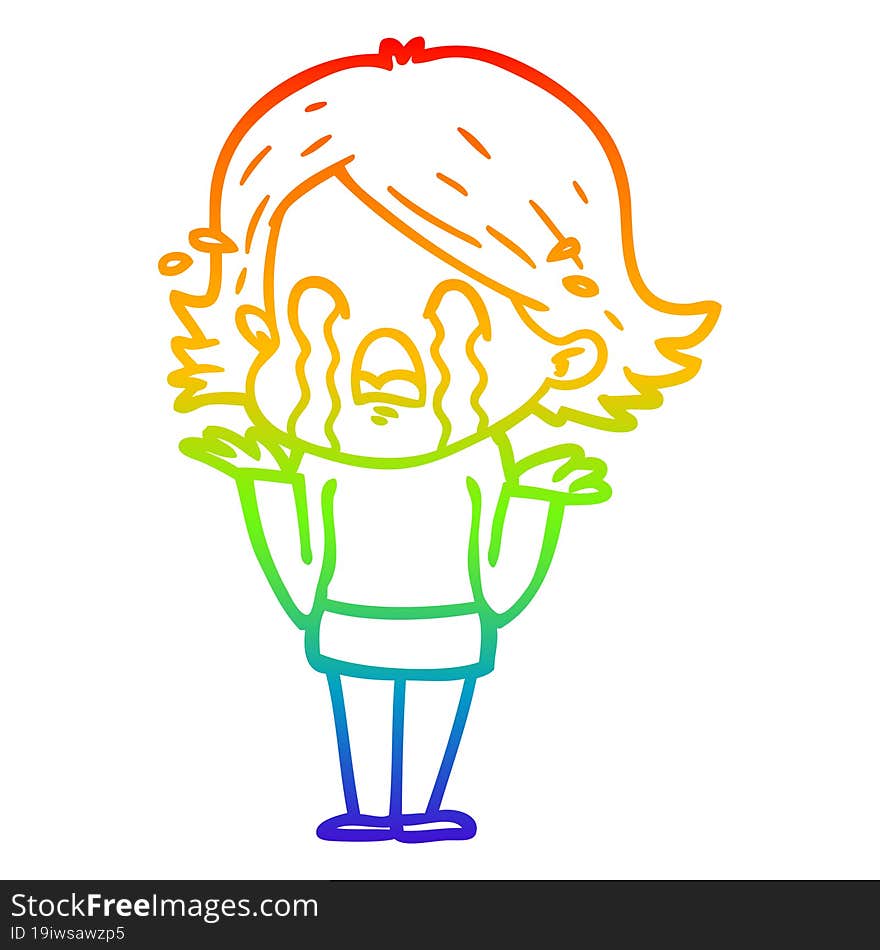 rainbow gradient line drawing cartoon woman crying