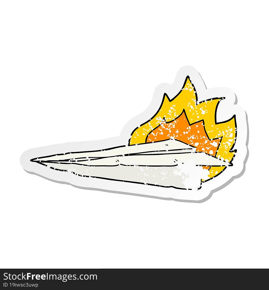 distressed sticker of a cartoon burning paper airplane