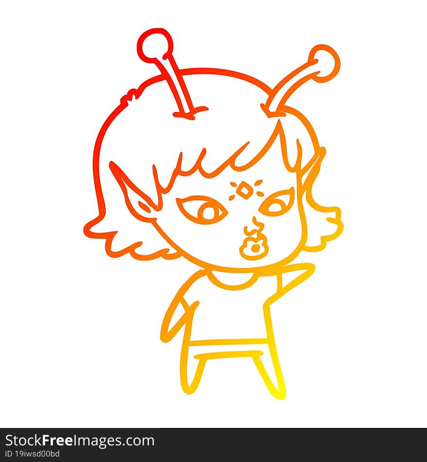 warm gradient line drawing pretty cartoon alien girl