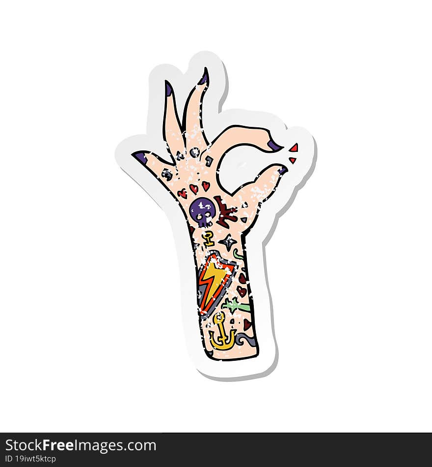 retro distressed sticker of a cartoon tattoo arm