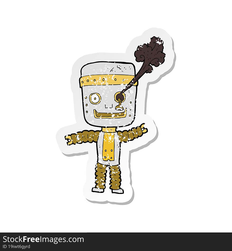 Retro Distressed Sticker Of A Cartoon Funny Gold Robot