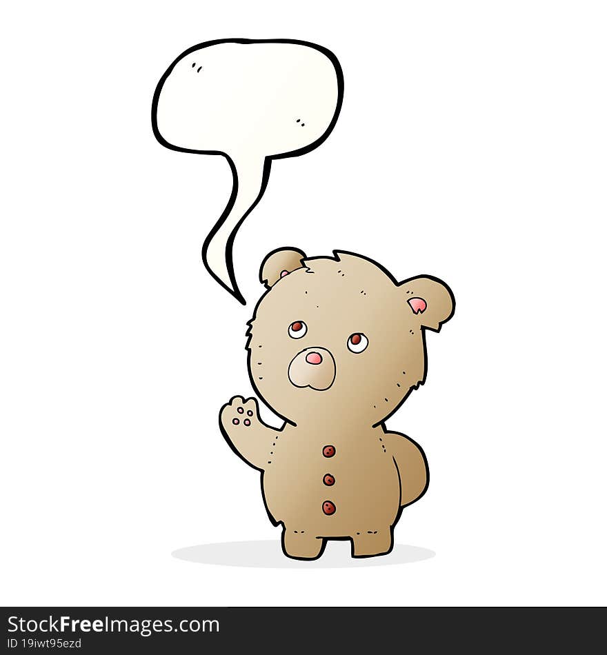 cartoon waving teddy bear with speech bubble