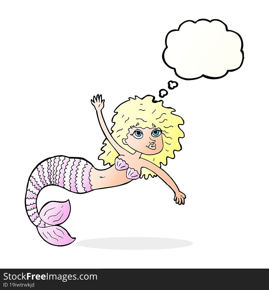 cartoon pretty mermaid waving with thought bubble