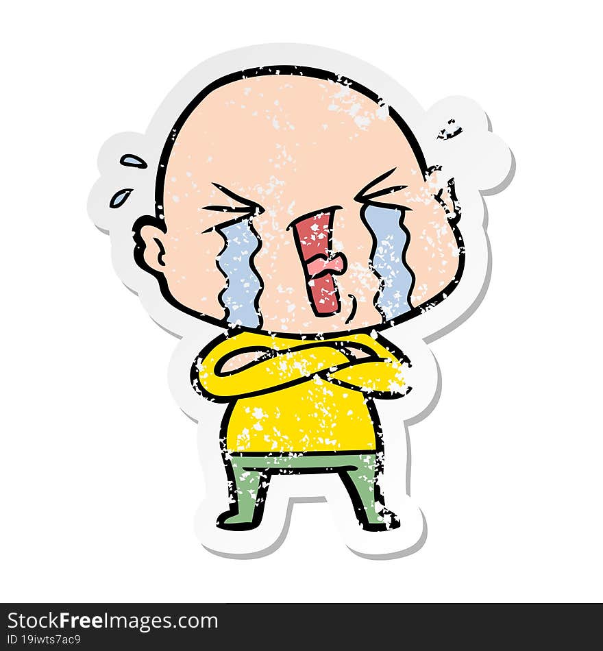 distressed sticker of a cartoon crying bald man