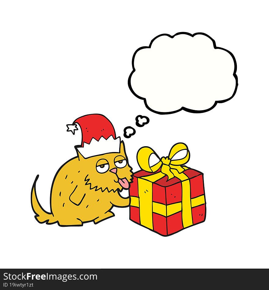 thought bubble cartoon cat with present