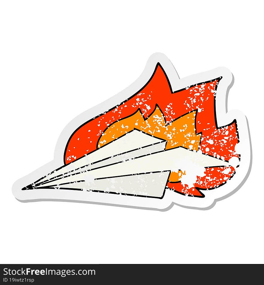 Distressed Sticker Of A Cartoon Burning Paper Airplane