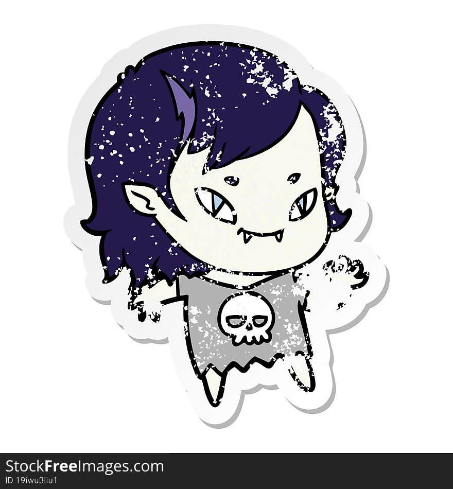 distressed sticker of a cartoon friendly vampire girl waving