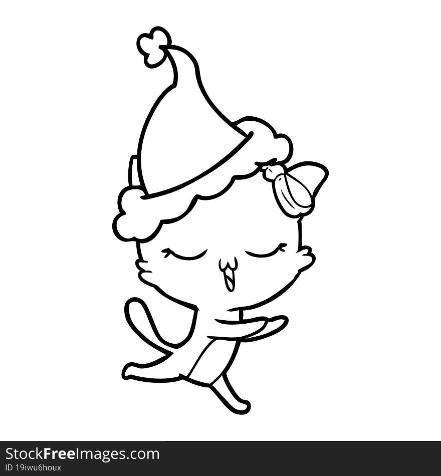 line drawing of a cat with bow on head wearing santa hat