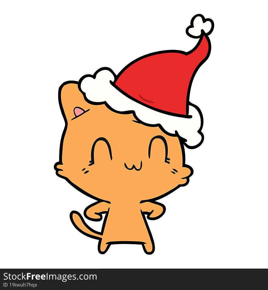 Line Drawing Of A Happy Cat Wearing Santa Hat