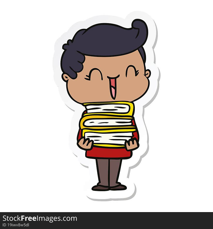 sticker of a cartoon laughing boy carrying books