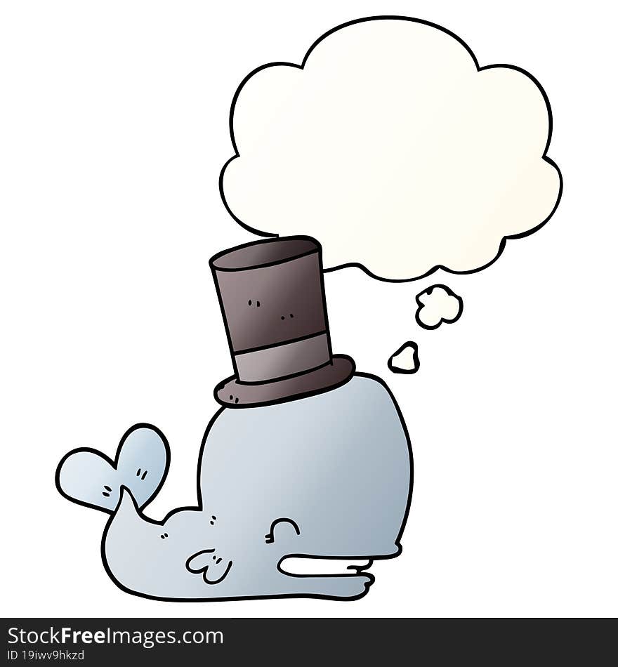 cartoon whale wearing top hat and thought bubble in smooth gradient style