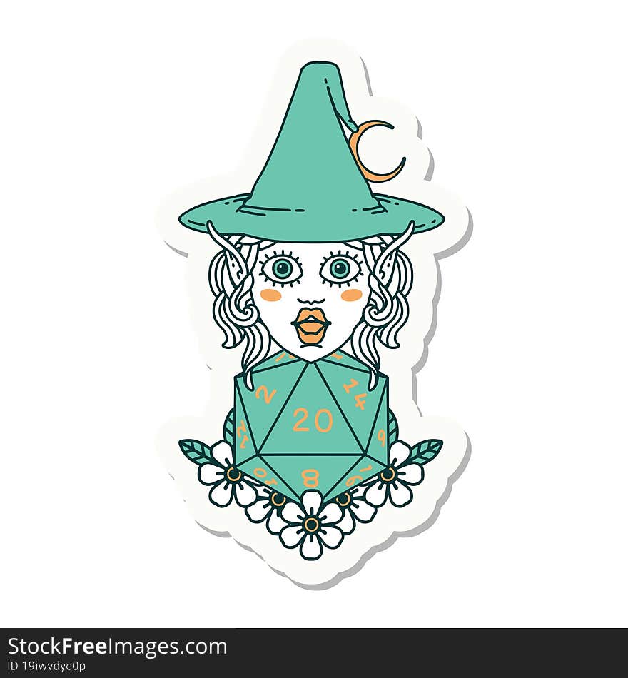 sticker of a elf mage character with natural twenty dice roll. sticker of a elf mage character with natural twenty dice roll