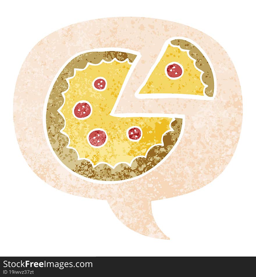 cartoon pizza and speech bubble in retro textured style