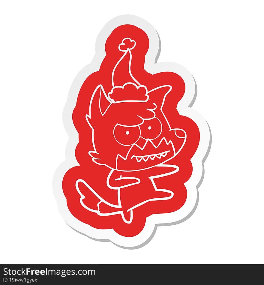 cartoon  sticker of a grinning fox wearing santa hat