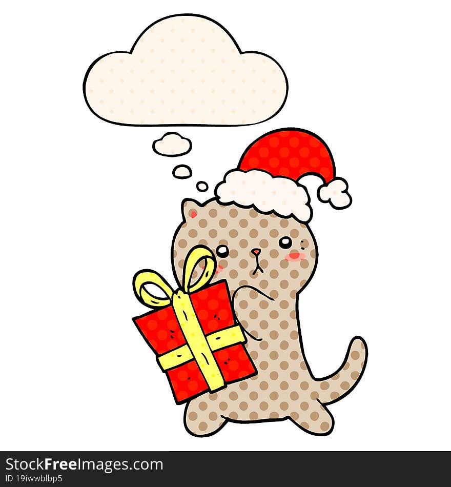 cute cartoon cat carrying christmas present with thought bubble in comic book style