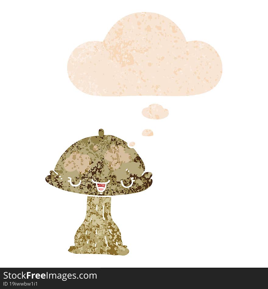 Cartoon Toadstool And Thought Bubble In Retro Textured Style