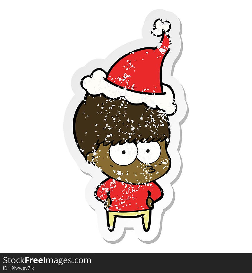 nervous distressed sticker cartoon of a boy wearing santa hat