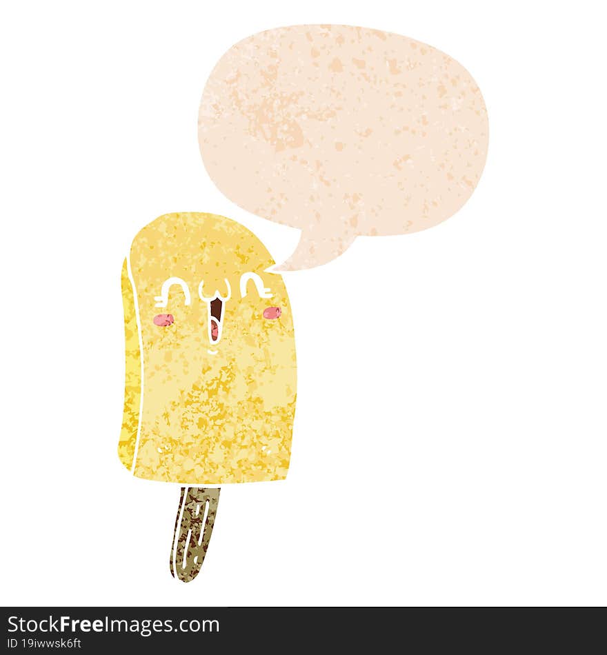 cartoon frozen ice lolly and speech bubble in retro textured style