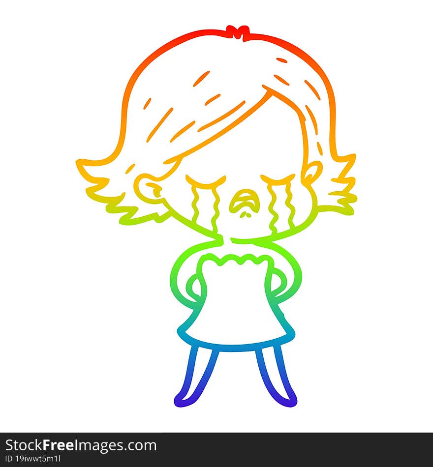 rainbow gradient line drawing of a cartoon girl crying