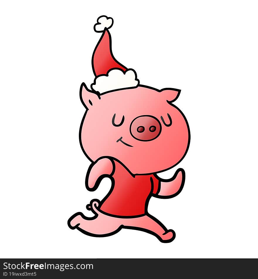 happy gradient cartoon of a pig running wearing santa hat