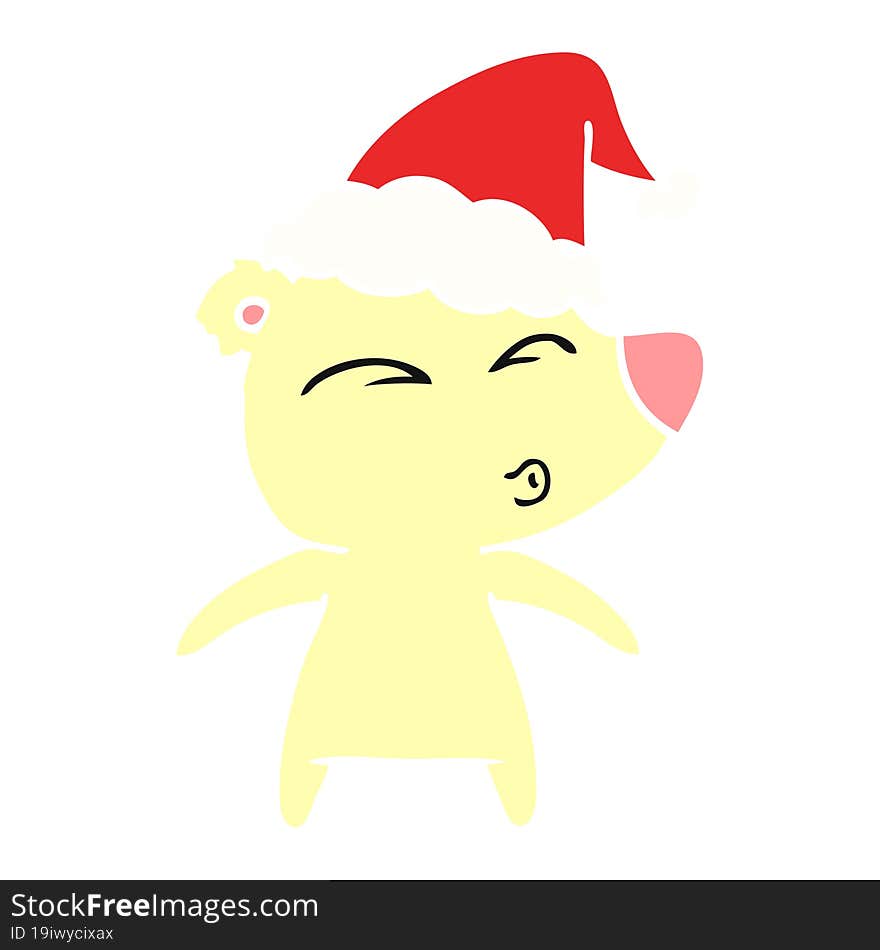 flat color illustration of a whistling bear wearing santa hat