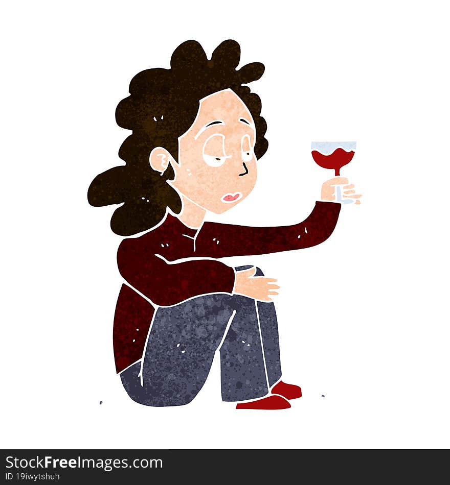 cartoon unhappy woman with glass of wine